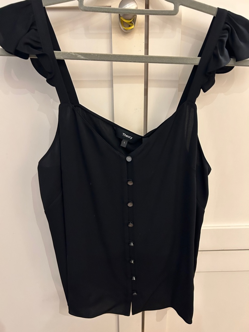 NWT Theory Black 100% silk Ruffle-Strap Button-Front Camisole, large